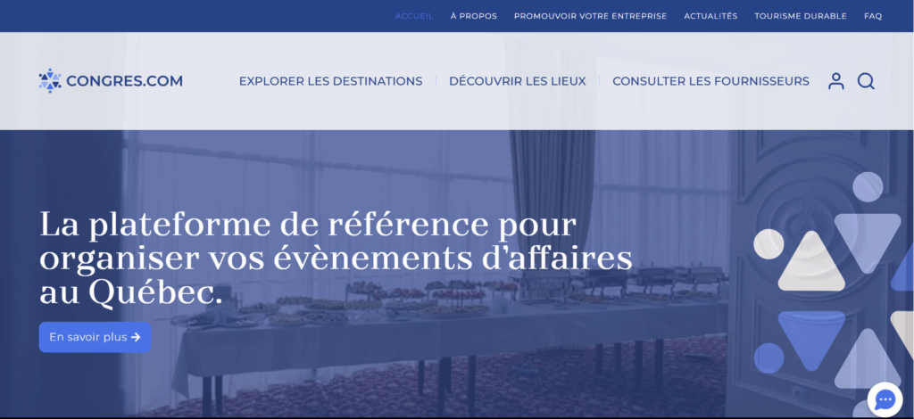 Page d’accueil de Congres.com présentant la plateforme de référence pour organiser des événements d’affaires au Québec.
