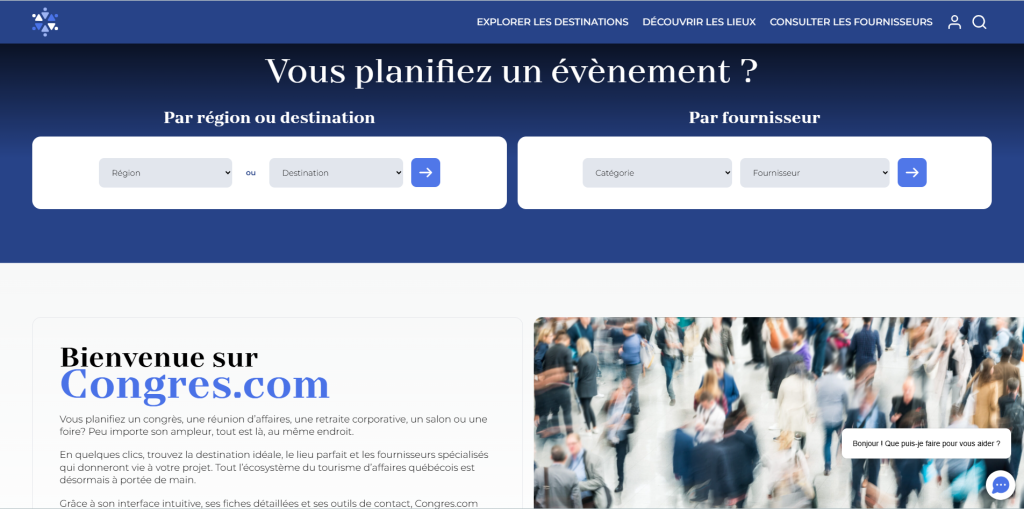 Capture d’écran du site Congres.com – tourisme d’affaires au Québec